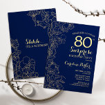 Invitation Floral Navy Gold Surprise 80e fête d'anniversaire<br><div class="desc">Floral marine bleu et or surprise 80ème anniversaire invitation fête. Design moderne minimaliste avec accents botaniques et police de script de typographie. Carte invitation florale simple parfaite pour une célébration anniversaire surprise femme élégante. Peut être customisé à n'importe quel âge.</div>
