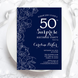 Invitation Floral Navy White Surprise 50e anniversaire