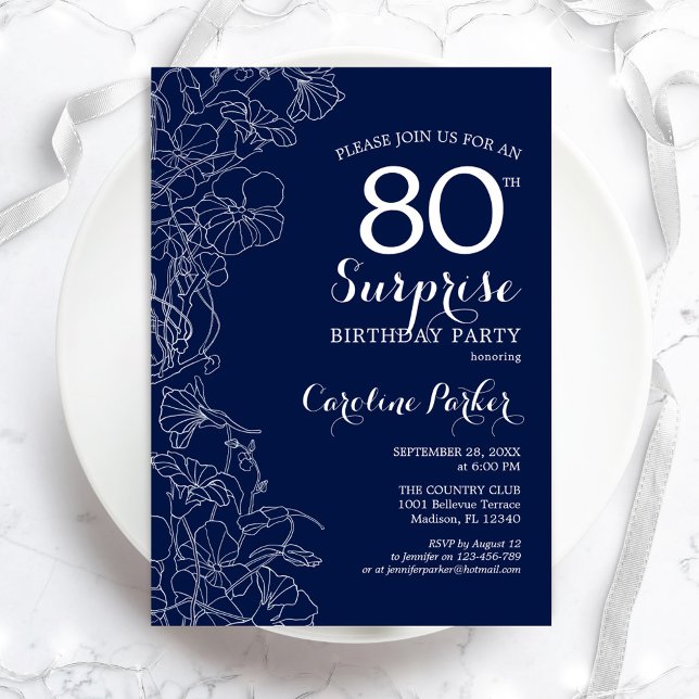 Invitation Floral Navy White Surprise 80e anniversaire (Créateur téléchargé)