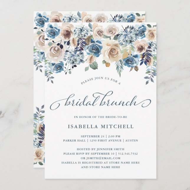 Invitation Floral neutre et bleu | Brunch nuptial (Devant / Derrière)