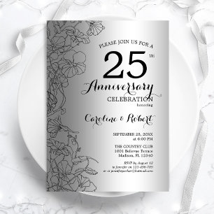Invitation Floral noir argenté 25e anniversaire