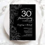 Invitation Floral noir blanc 30e anniversaire<br><div class="desc">Invitation de la fête du 30e anniversaire de la fête du Mariage noir blanc. Design moderne minimaliste avec accents de dessin botanique et police de script de typographie. Une carte invitation élégante, parfaite pour une célébration élégante. Peut être customisé à n'importe quelle année de mariage. Invitations Zazzle imprimées ou téléchargement...</div>