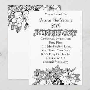 Invitation Floral noir blanc trentième 30ème anniversaire Inv