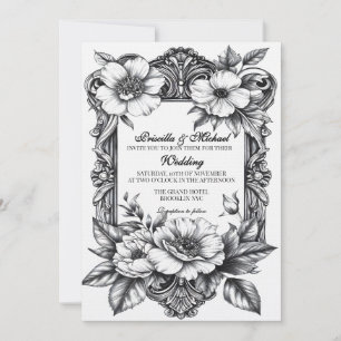Invitation Floral noir & blanc Vintage Décor Mariage