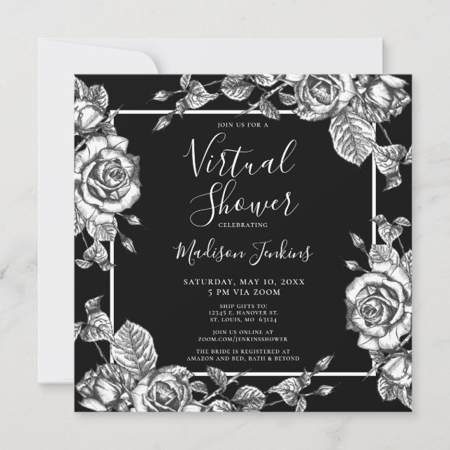 Invitation Floral Noir Blanc virtuel Bridal Shower (Devant)
