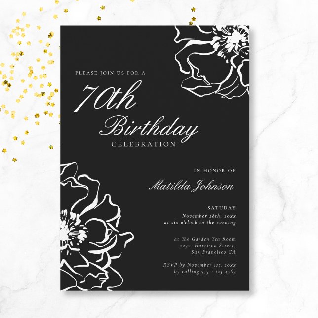 Invitation Floral noir et blanc 70e anniversaire (Mockup View)
