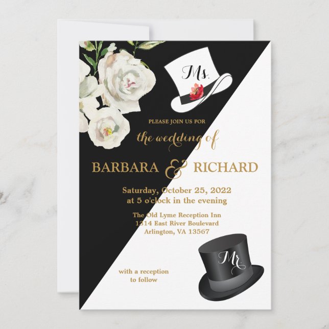 Invitation Floral noir et blanc Mariage (Devant)