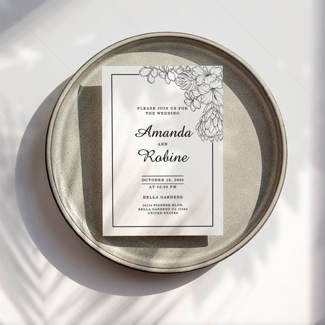 Invitation Floral noir et blanc Moderne Mariage simple (Créateur téléchargé)