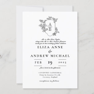 Invitation Floral noir et blanc Monogram Crest Mariage