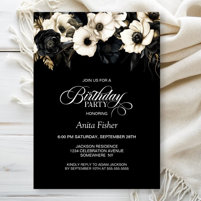 Invitation Floral noir et blanc N'importe quel âge fête d'ann (Créateur téléchargé)