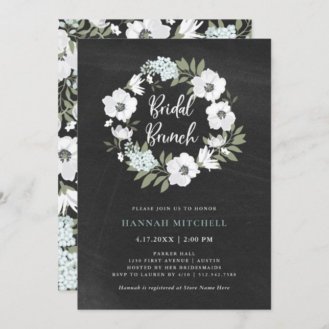 Invitation Floral noir et blanc rustique | Brunch nuptial (Devant / Derrière)