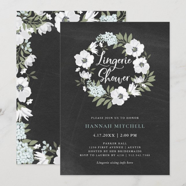 Invitation Floral noir et blanc rustique | Douche Lingerie (Devant / Derrière)