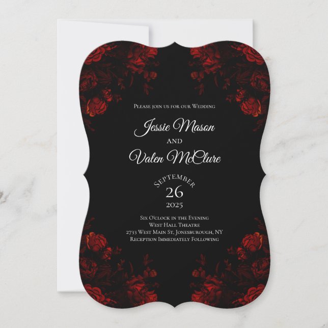 Invitation Floral noir et rouge Élégant Mariage gothique (Devant)