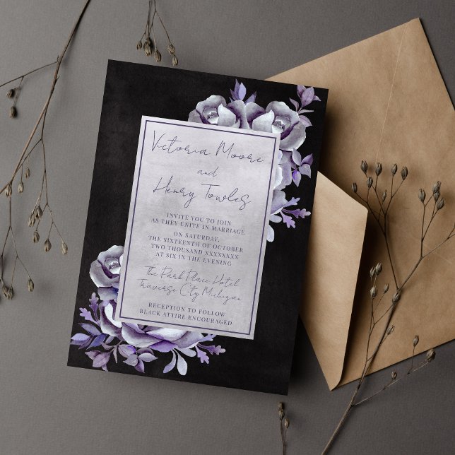 Invitation Floral noir gothique pourpre Moody Mariage (Créateur téléchargé)