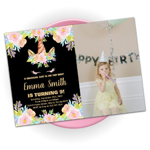 Invitation Floral noir licorne Anniversaire avec photo
