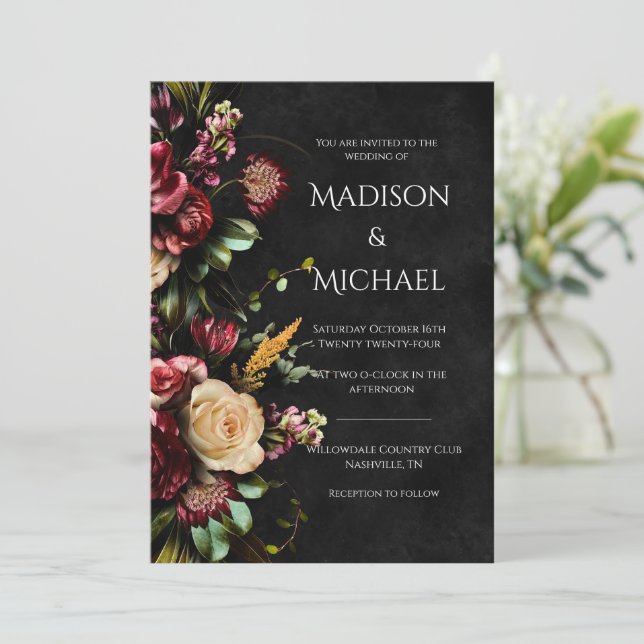 Invitation Floral noir Mariage moderne (Debout devant)