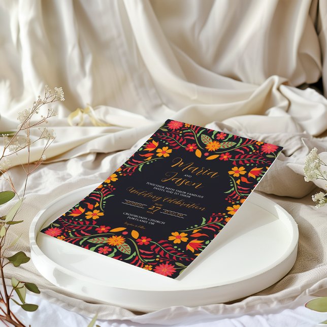 Invitation Floral noir mexicain Boda Fiesta Mariage coloré (Mexican Black Floral Boda Fiesta Colorful Wedding Invitation)