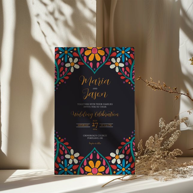Invitation Floral noir mexicain Fleurs colorées Boda Mariage (Mexican Black Floral Colorful Flowers Boda Wedding Invitation)