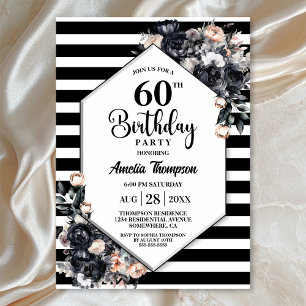Invitation Floral noir moderne rayé 60e fête d'anniversaire