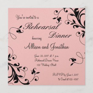 Invitation floral noir rose de dîner de répétition