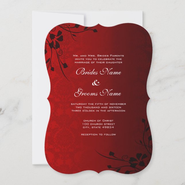 Invitation Floral noir sur Mariage rouge (Devant)
