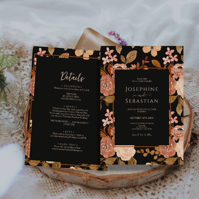 Invitation Floral noir traditionnel tout en un Mariage Boho (Créateur téléchargé)