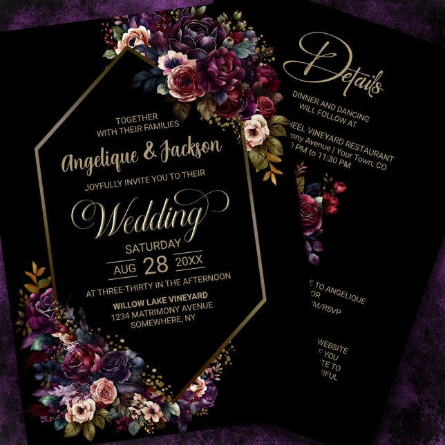 Invitation Floral noir violet bordeaux tout en un Mariage (Créateur téléchargé)