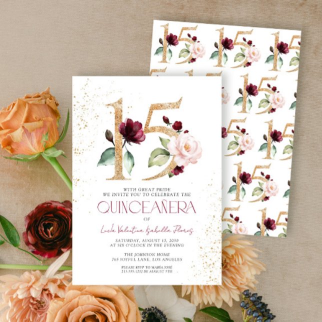 Invitation Floral Numéro 15 Burgundy Gold Quinceañera (Créateur téléchargé)