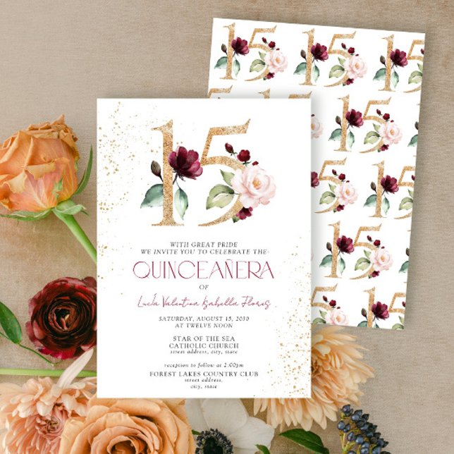 Invitation Floral Numéro 15 Burgundy Gold Quinceañera (Créateur téléchargé)