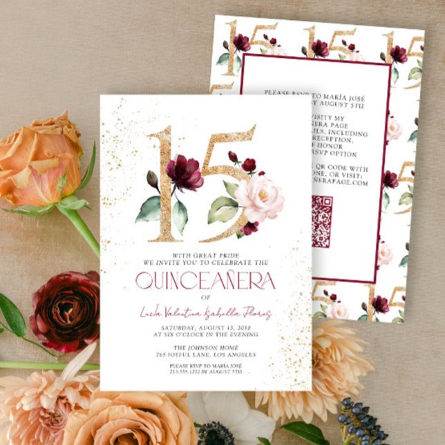 Invitation Floral Numéro 15 Or Bourgogne QR Quinceañera (Créateur téléchargé)