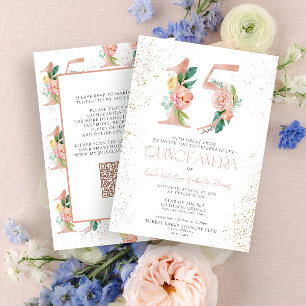 Invitation Floral Numéro 15 QR Rose Rose Or Quinceañera