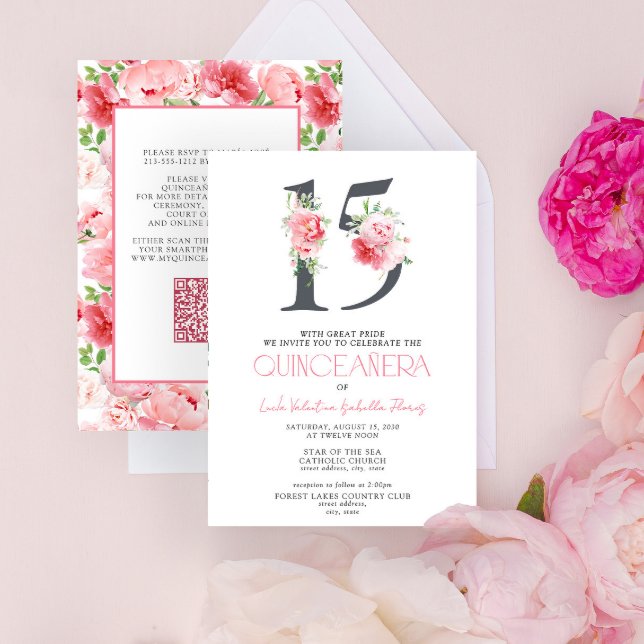 Invitation Floral Numéro 15 rose élégant QR Quinceañera (Créateur téléchargé)
