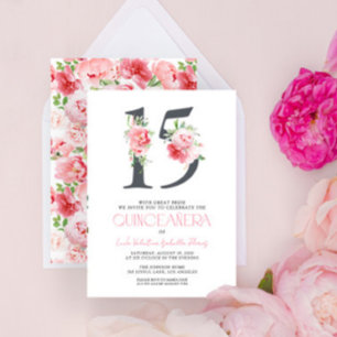 Invitation Floral Numéro 15 Rose élégant Quinceañera moderne