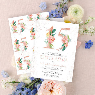 Invitation Floral Numéro 15 Rose Rose Gold Quinceañera