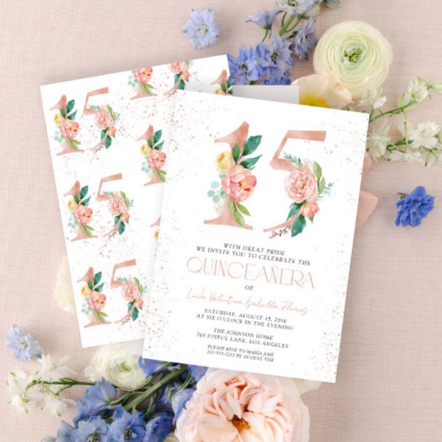 Invitation Floral Numéro 15 Rose Rose Gold Quinceañera (Créateur téléchargé)