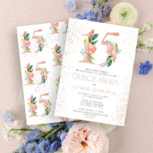 Invitation Floral Numéro 15 Rose Rose Gold Quinceañera