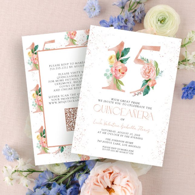 Invitation Floral Numéro 15 Rose Rose Or QR Quinceañera (Créateur téléchargé)