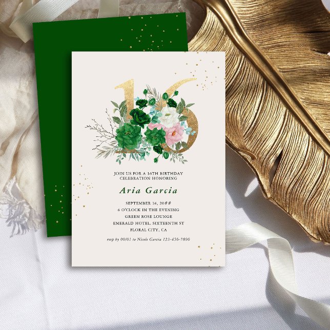 Invitation Floral Numéro 16 Emerald Green 16th Birthday Party (Elegant 16th Birthday Invitation with emerald green and pale pink roses and gold number 16)