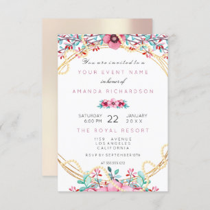 Invitation Floral nuptiale or rose perles Rose doux