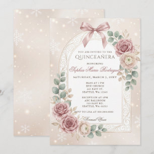Invitation Floral Or Dusty Rose Bow Snowflakes Quinceanera