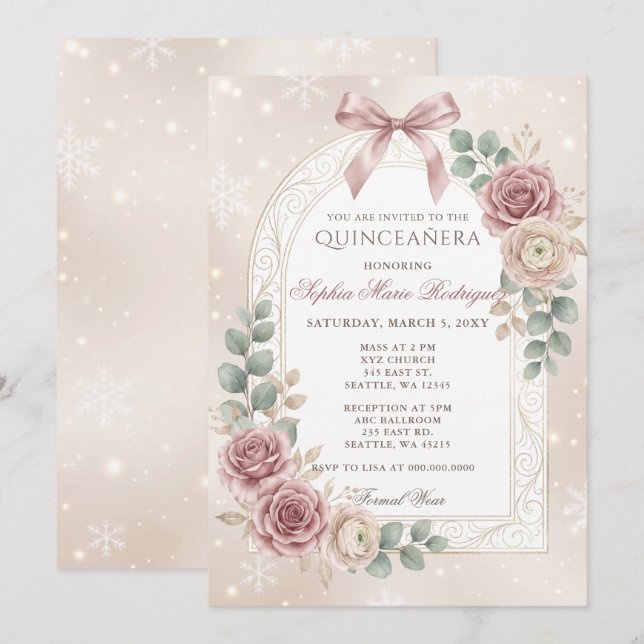 Invitation Floral Or Dusty Rose Bow Snowflakes Quinceanera (Devant / Derrière)