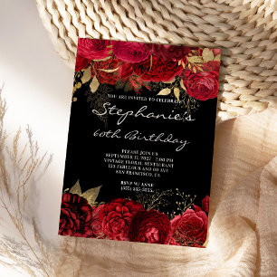 Invitation Floral or et rouge 60e anniversaire Noir et blanc