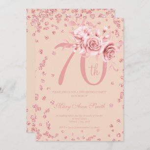 Invitation Floral or rose & Confetti 70e Anniversaire Blush