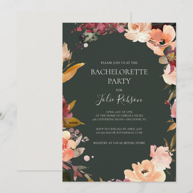Invitation Floral Orange Bourgogne | Bachelorette verte (Devant / Derrière)