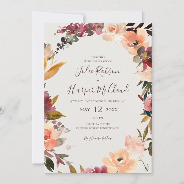Invitation Floral Orange Bourgogne | Beige Tout en un Mariage (Devant)