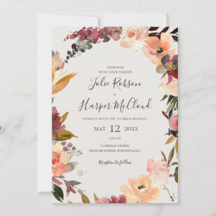 Invitation Floral Orange Bourgogne   Beige Tout en un Mariage