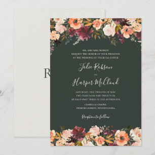 Invitation Floral Orange Bourgogne Mariage traditionnel ver