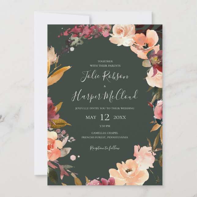 Invitation Floral Orange Bourgogne | Tout vert en un Mariage (Devant)