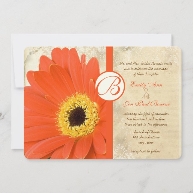 Invitation Floral Orange Coral Gerber Daisy Mariage dentelle (Devant)