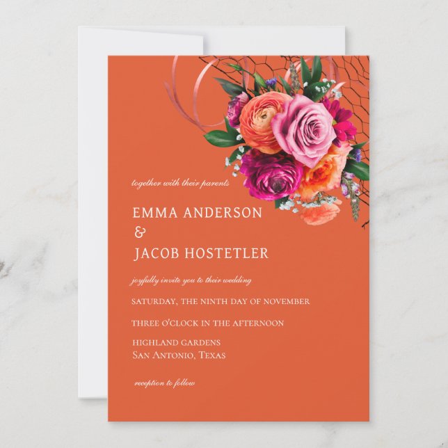 Invitation Floral orange vibre et rose rose (Devant)